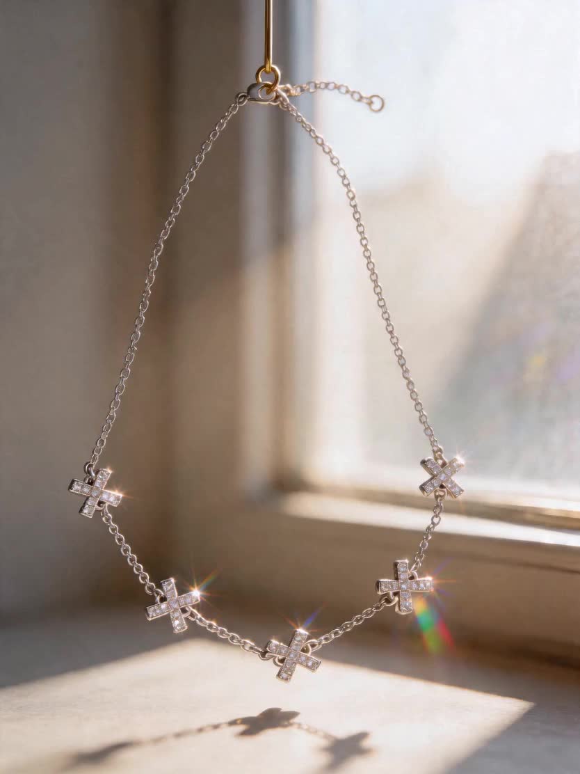 Women's Rose Plated Adjustable Cross Pave Rhinestone Choker Necklace